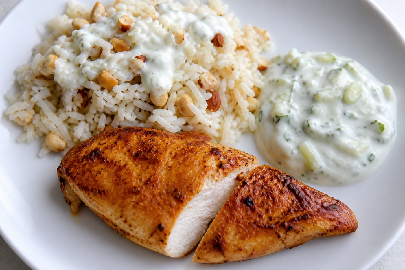 Kip met kipkruiden, notenrijst en tzatziki